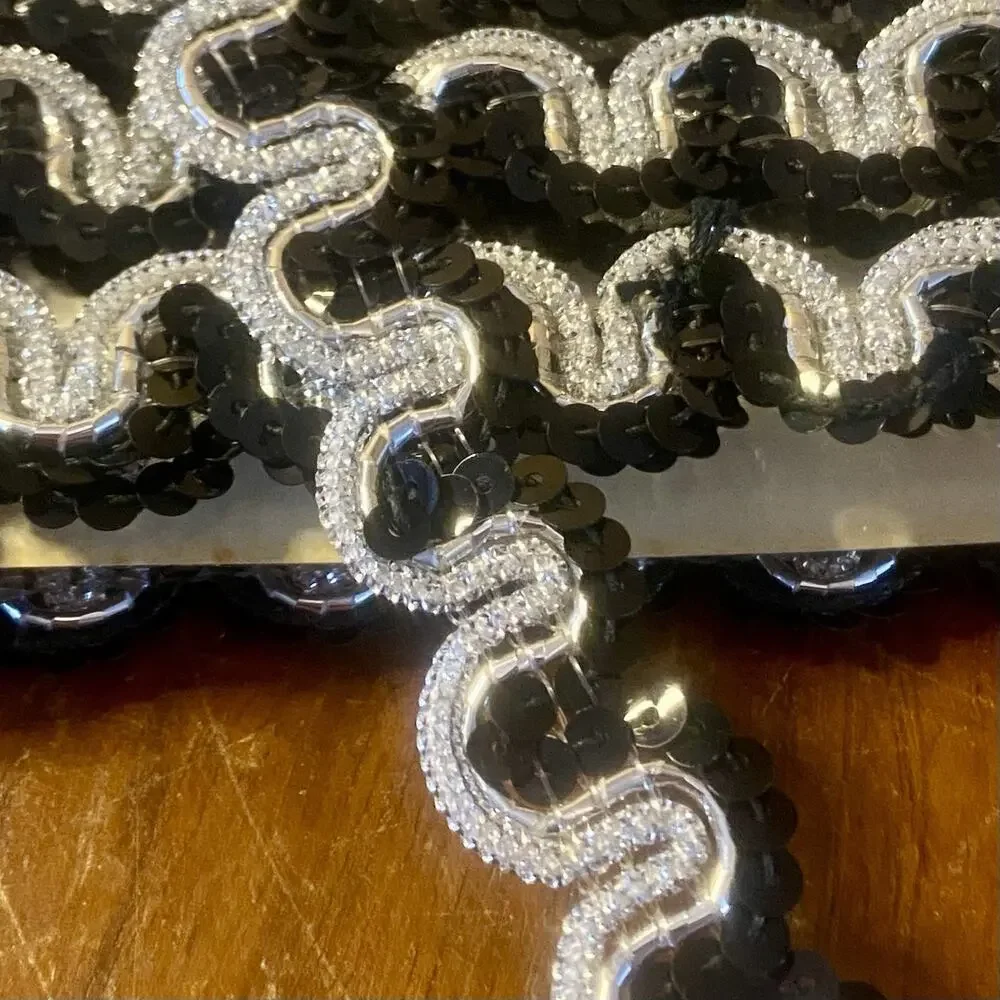 Vintage Black Sequin Silver Rickrack elegant Dressy Trim 36” X 1.5” Sewing Doll
